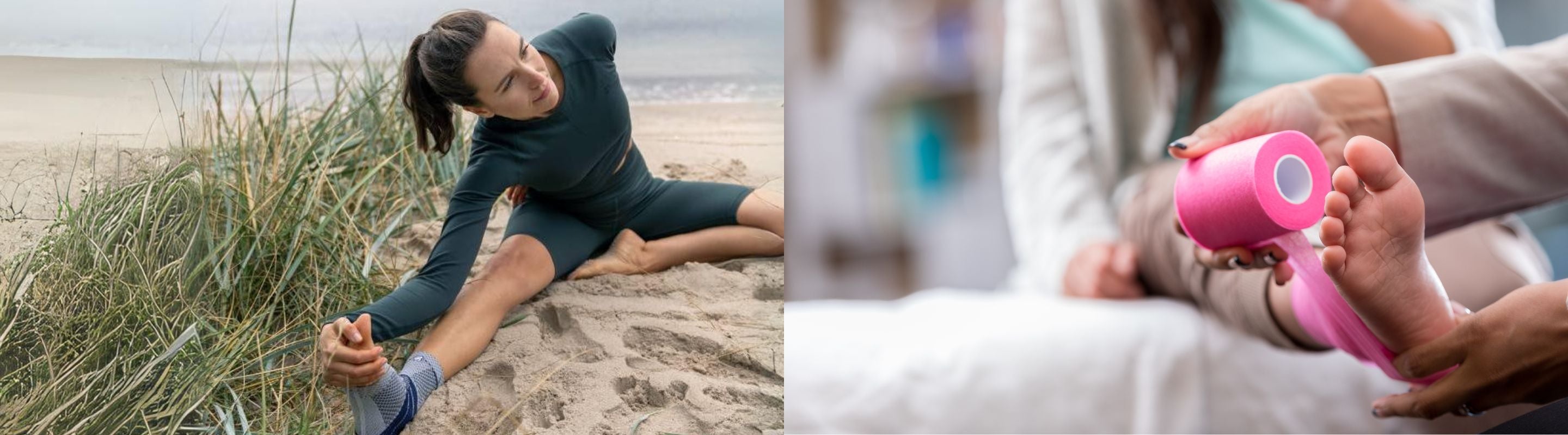 Two images side-by-side. On the left is a woman doing a hamstring stretch on the beach in a Bauerfeind Ankle Brace. On the right is a woman getting her ankle wrapped in kinesio tape by a clinician