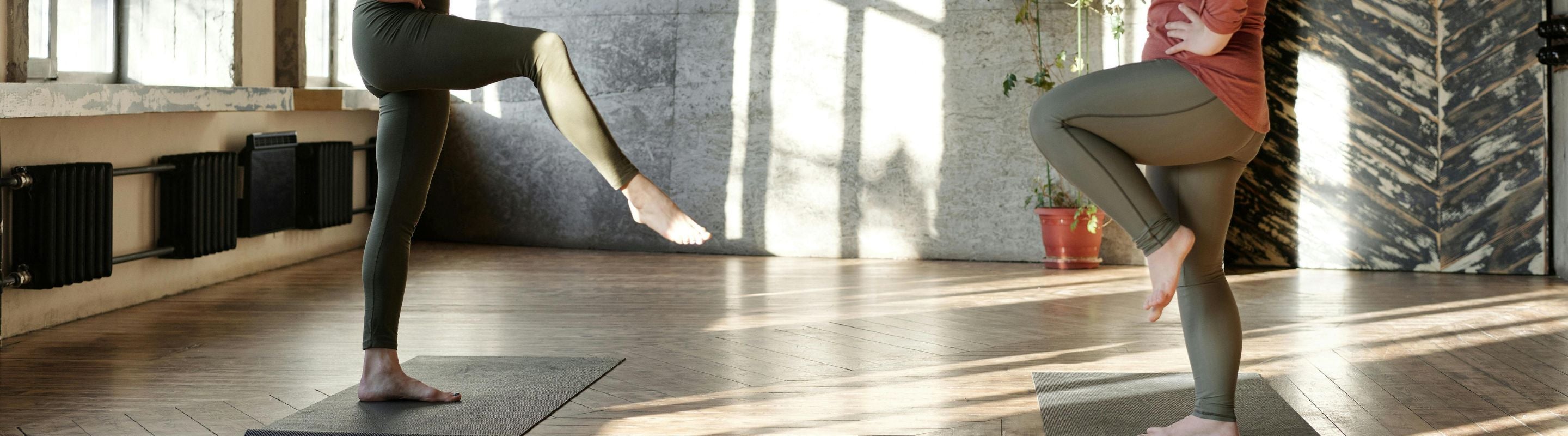 Two women dong the single leg balance: at-home strength and injury recovery exercise. Photo by Cliff Booth from Pexels