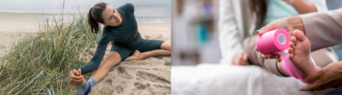 Two images side-by-side. On the left is a woman doing a hamstring stretch on the beach in a Bauerfeind Ankle Brace. On the right is a woman getting her ankle wrapped in kinesio tape by a clinician