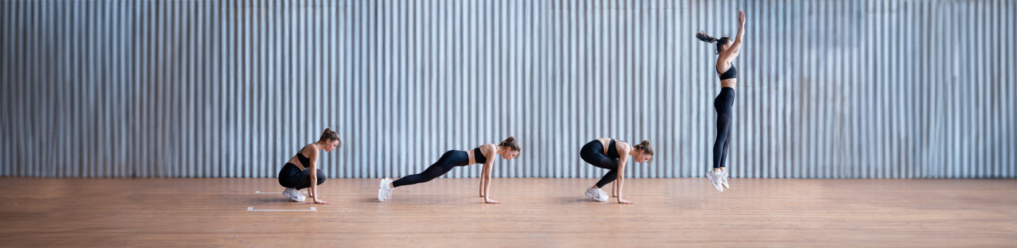 Woman doing burpees. the image starts with her crouched on the floor, then in a high plank, then jumping up