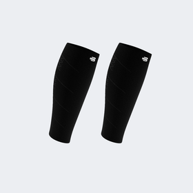 Pair of black Bauerfeind compression calf sleeves on a white background