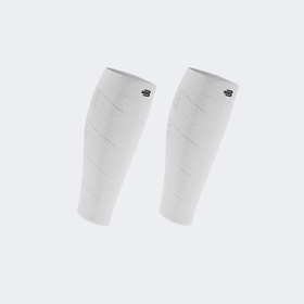 Pair of white Bauerfeind compression calf sleeves on a white background