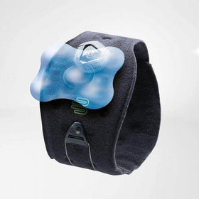 Bauerfeind Sports Elbow Strap with blue Five point pad on a grey background