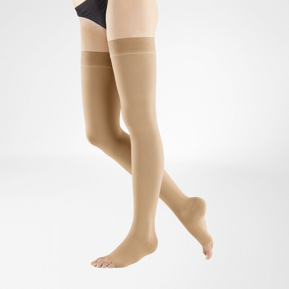 VenoTrain Micro Compression Stockings, Thigh High, Class 2, Open Toe, Caramel