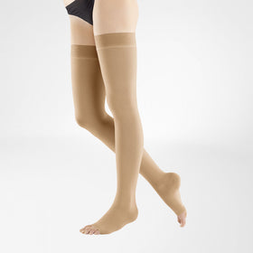 VenoTrain Micro Compression Stockings, Thigh High, Class 2, Open Toe, Caramel