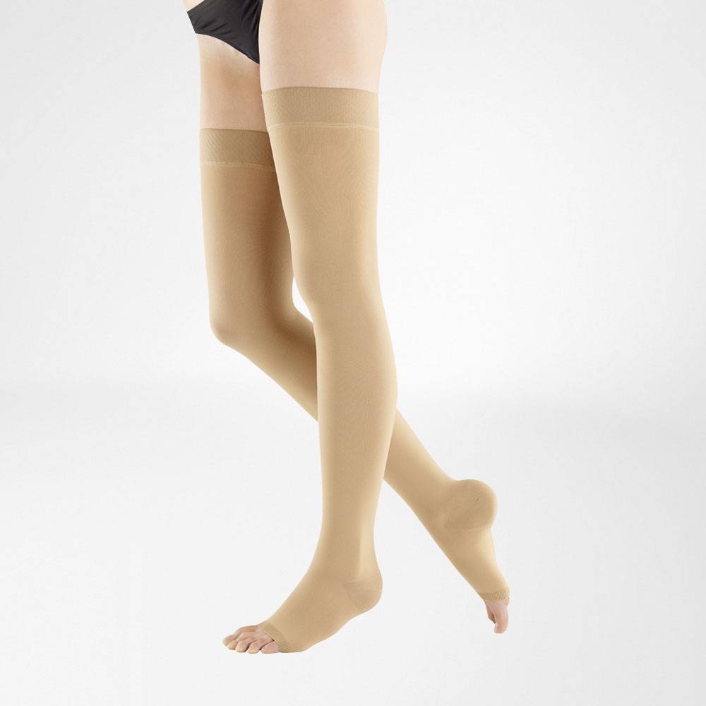 VenoTrain Soft Compression Stockings, Thigh High, Class 2, Open Toe, Caramel, Silicone Border